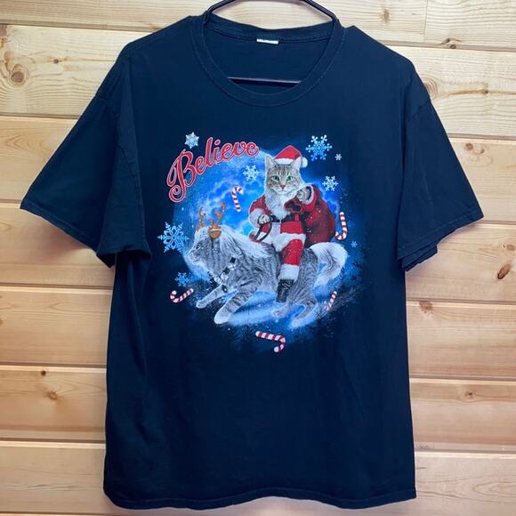 Santa Cat Riding Cat Reindeer Candy Canes Believe Christmas T-Shirt Unisex - Picture 2 of 4